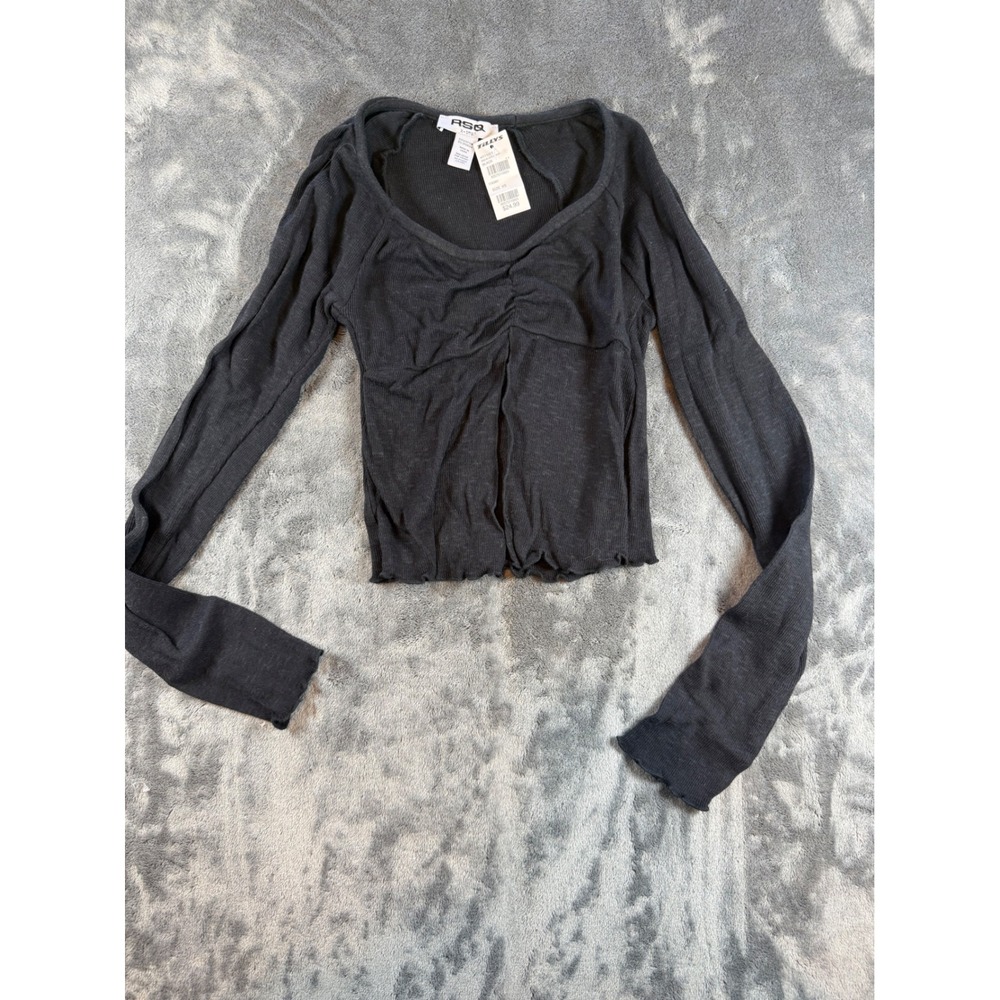 RSQ Black Long Sleeve Ruched Gathered Lettuce Hem Crop Top Womens XS